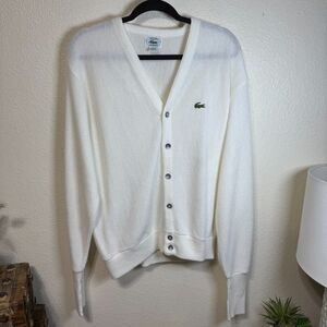 Vintage Izod Lacoste White Cardigan Sweater Sz L USA Acrylic Preppy Gator Logo